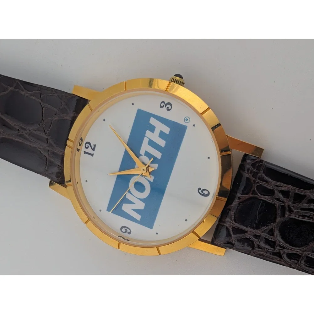 North Men's Watch 34mm Gold Case Brown Croc Leather Band- New Battery